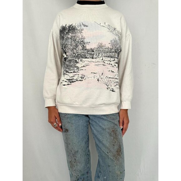 90s vintage white snowy winter holiday graphic collared cotton pullover sweater - Picture 2 of 10